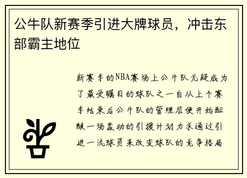 公牛队新赛季引进大牌球员，冲击东部霸主地位